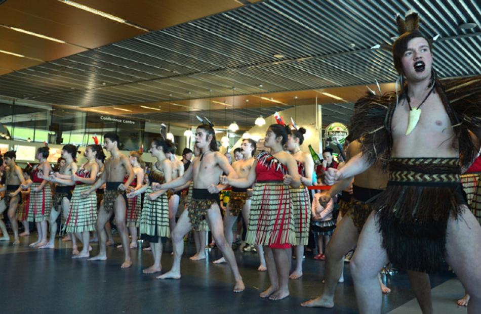 King's and Queen's High Schools' kapa haka performs during the arrival of the All Blacks at...