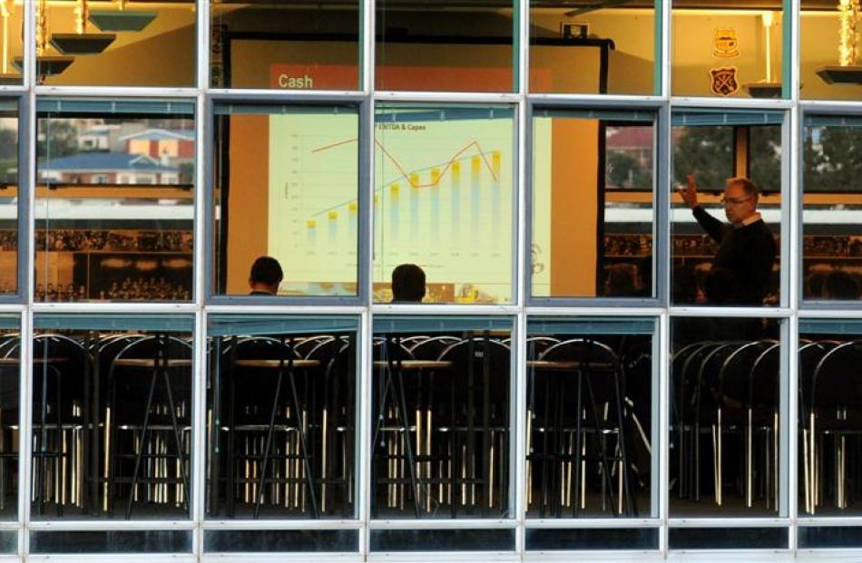 KiwiRail chief executive Jim Quinn (right) speaks at a poorly attended meeting to inform...