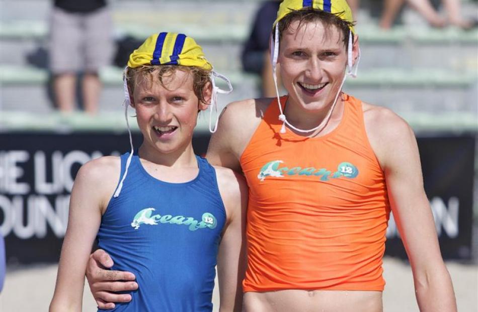 Lachlan (left) and Bailey Brandham celebrate their win at the national under-14 surf life-saving...