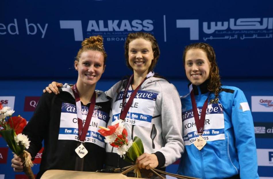 Lauren Boyle on the podium after winning the first of two gold medals at the penultimate round of...