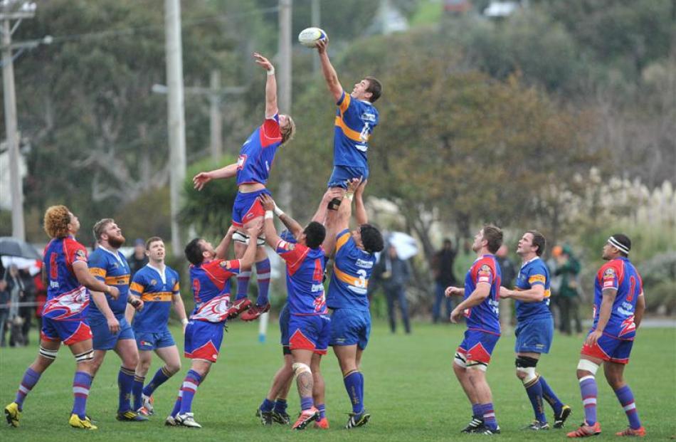 Lineout action from the clash between Harbour and Taieri at Watson Park on Saturday. Photo by...