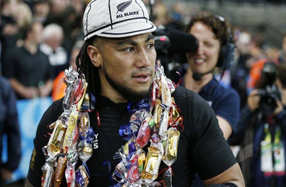 Ma'a Nonu wears a hat and a lolly necklace commemorating his 100th cap for New Zealand. Photo...