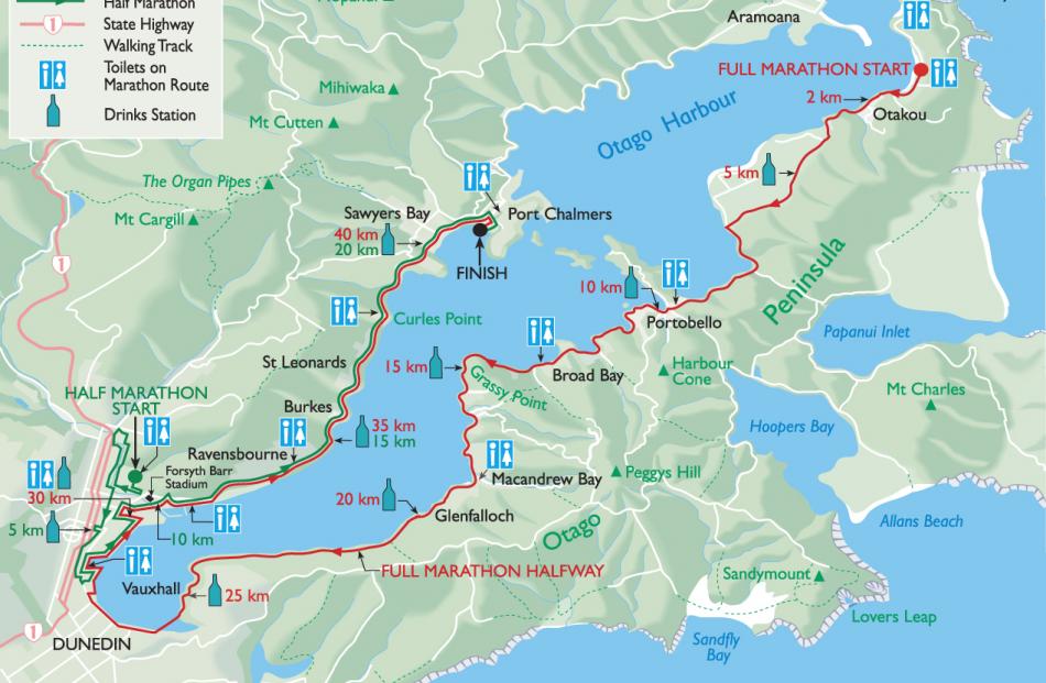Map of the 2013 Dunedin Cadbury Marathon.