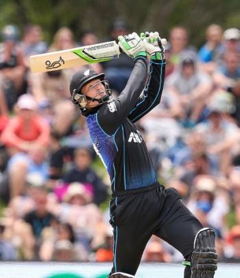 Martin Guptill plays a big shot on his way to scoring 93 on 30 balls against Sri Lanka. Photo:...