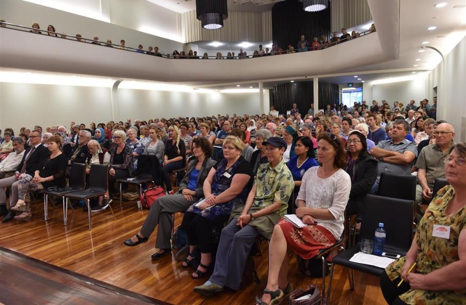 Mayor Dave Cull speaks to a full house during the Refugee meeting at the Glenroy Auditorium...