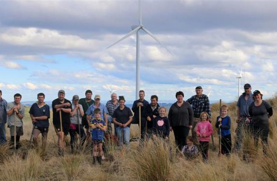 Members of the community turn out for a tussock-planting initiative  recently at the Mahinerangi...