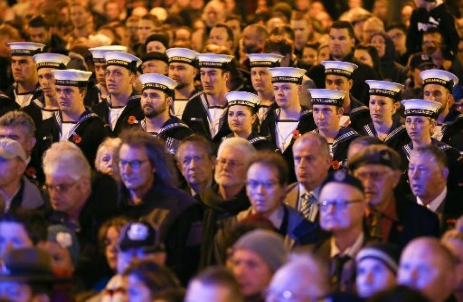 Members of the Royal New Zealand Navy look on during dawn service at the Wellington Cenotaph....