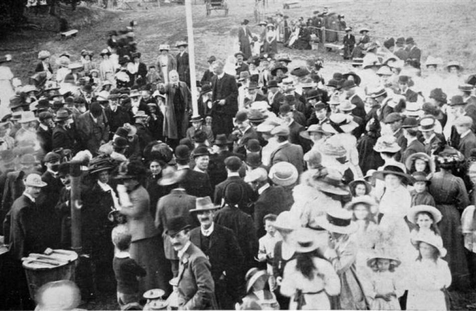 Messrs Wood (Balclutha) and C. Duke addressing the crowd at the Waikouaiti early settlers' 72nd...