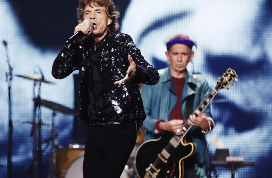 Mick Jagger (L) and Keith Richards of the Rolling Stones perform at a concert during the band's ...