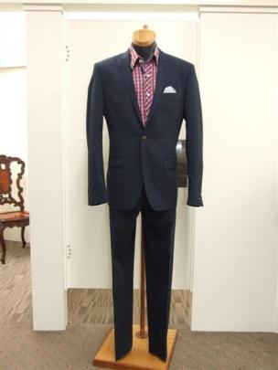 Micro check navy Gibson suit, Berlin check shirt with paisley neck and cuff trim, at Alex...