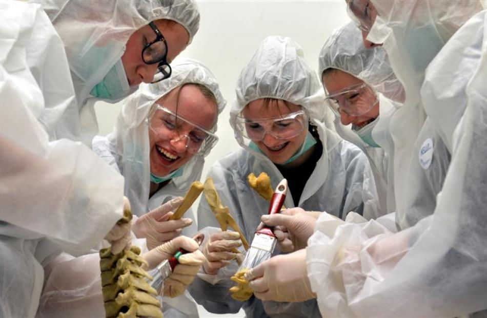 Mock  investigators (from left) Hannah Creary (15), of Wellington, Aoife Picken (15), of Dunedin,...