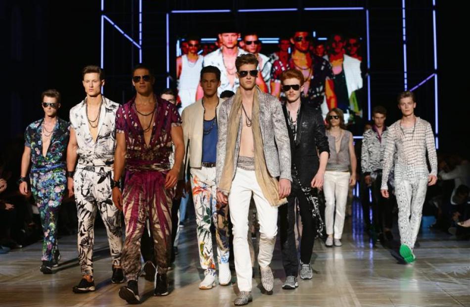 Models walk the runway during the Roberto Cavalli show as part of Milan Fashion Week Menswear...
