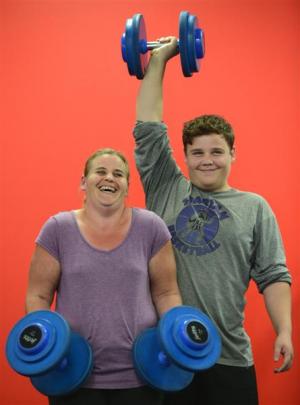 Mother and son powerlifters Shelley and Sean Kennedy train at Jetts gym in Dunedin this week....