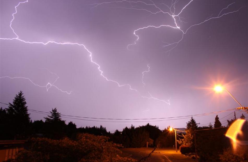 Multiple strikes of lightning illuminate the sky above Omarama on Wednesday.  Photo by Andrew Sise.