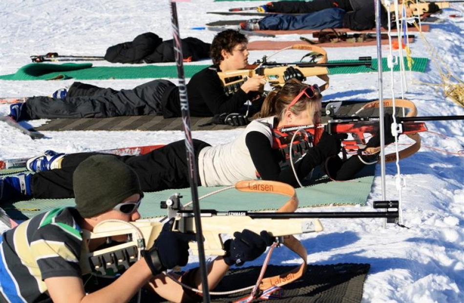 New Zealand biathlon representative hopefuls take their best shots during a biathlon training...