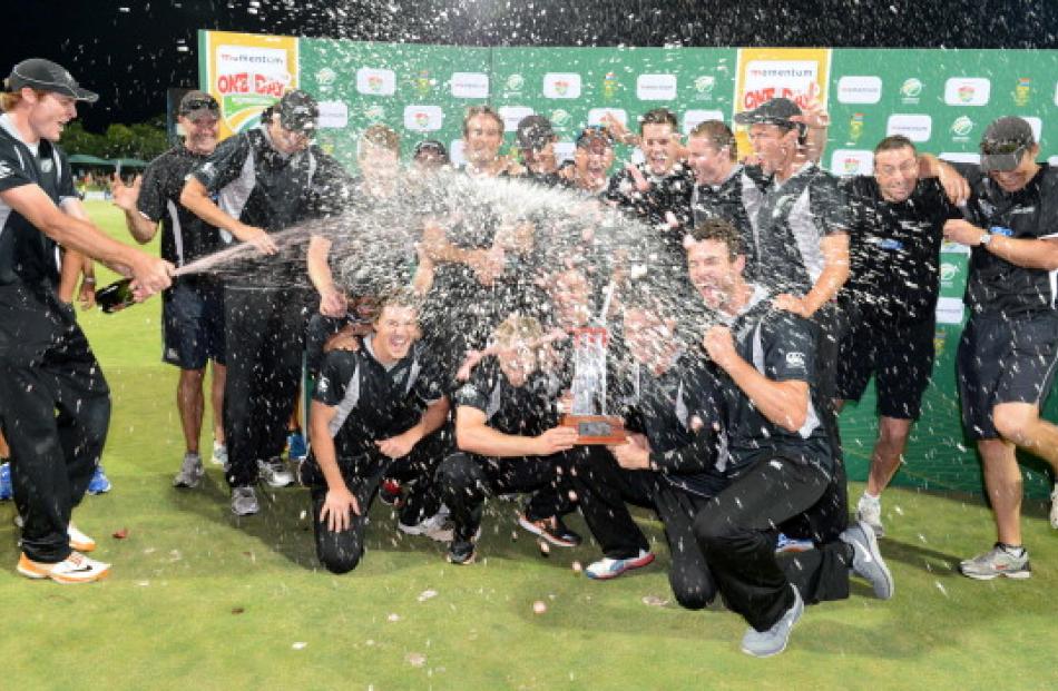 New Zealand celebrate their first series win in South Africa after the third ODI in Potchefstroom...