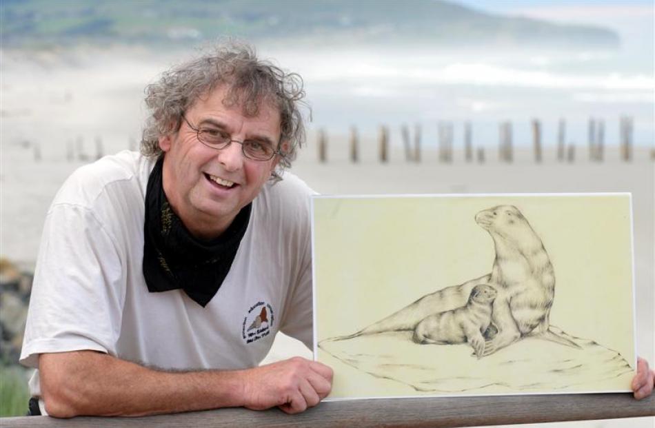 New Zealand Sea Lion Trust chairman Steve Broni shows an artist's impression of a sculpture...
