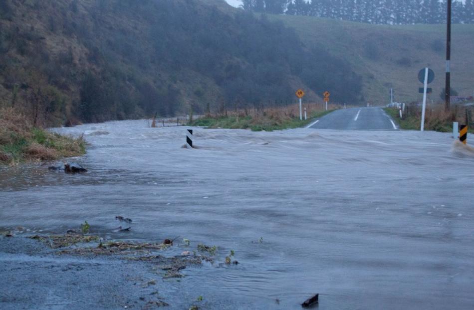 Old Mill Rd, one of 40 roads closed due to flooding in Waitaki. Photo: Shannon Spargo