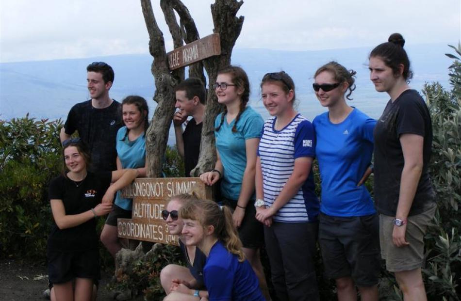 On top of Mt Longonot volcano, are (front, from left) Kate Beattie, Kristen Hackfath, Ashleigh...