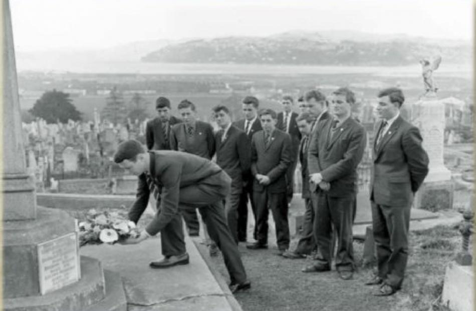 Otago Boys' High School head prefect Bernard Lunn lays a wreath at the grave of doomed first...
