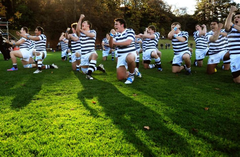 Otago Boys' High School players perform their traditional haka before the First XV clash with...