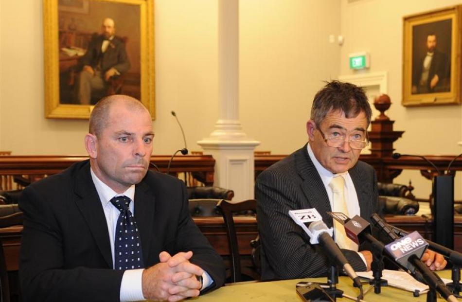 Otago Rugby Football Union change manager Jeremy Curragh (left) and Dunedin Mayor Dave Cull...