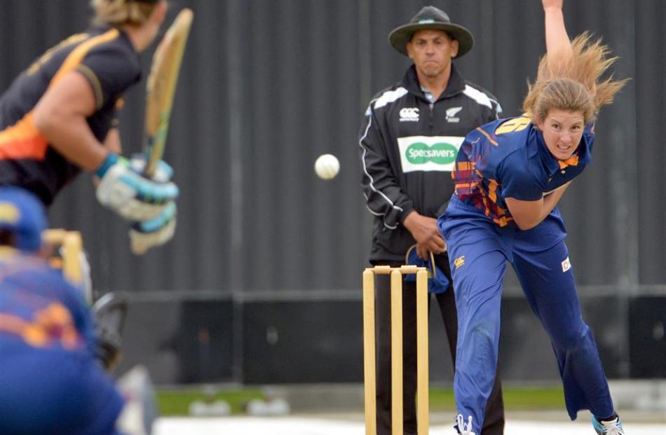 Otago Sparks pace bowler Georgia Clarke sends down a delivery during a women’s one-day match...