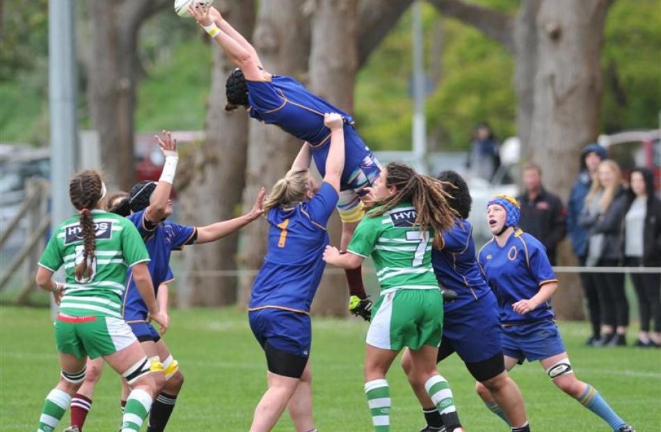 Otago Spirit lock Michaela Smith stretches to claim possession in a lineout against the Manawatu...