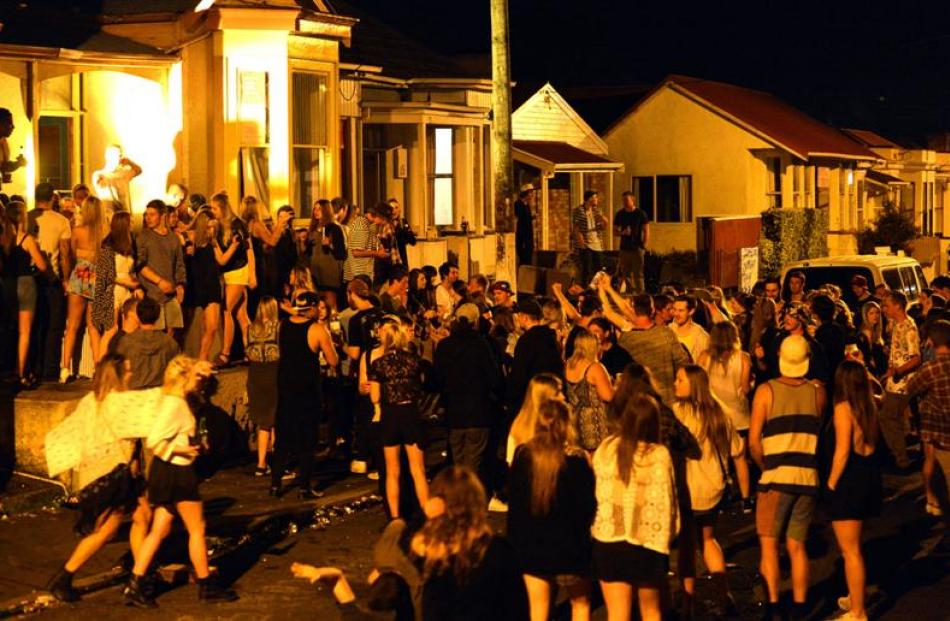 People party on Hyde St, Dunedin, on Saturday night. Photo by Peter McIntosh.