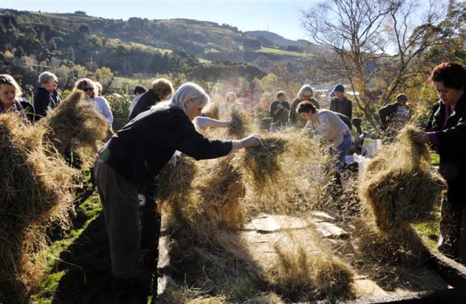 Peta Hudson (centre) instructs volunteerson how to lay hay to prepare beds for planting at the...