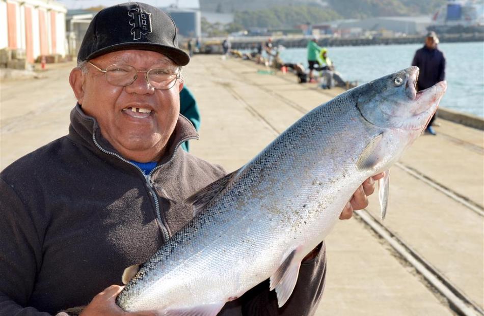 Peter Tuisano, of Brockville, holds a salmon he caught at Victoria Wharf in Fryatt St  yesterday....
