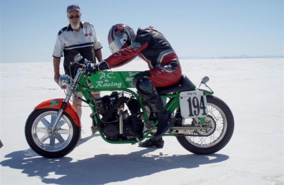 Phil Garrett riding a 1979 Kawasaki 1260 Turbo at the Bonneville salt flats, in 2008. It is the...