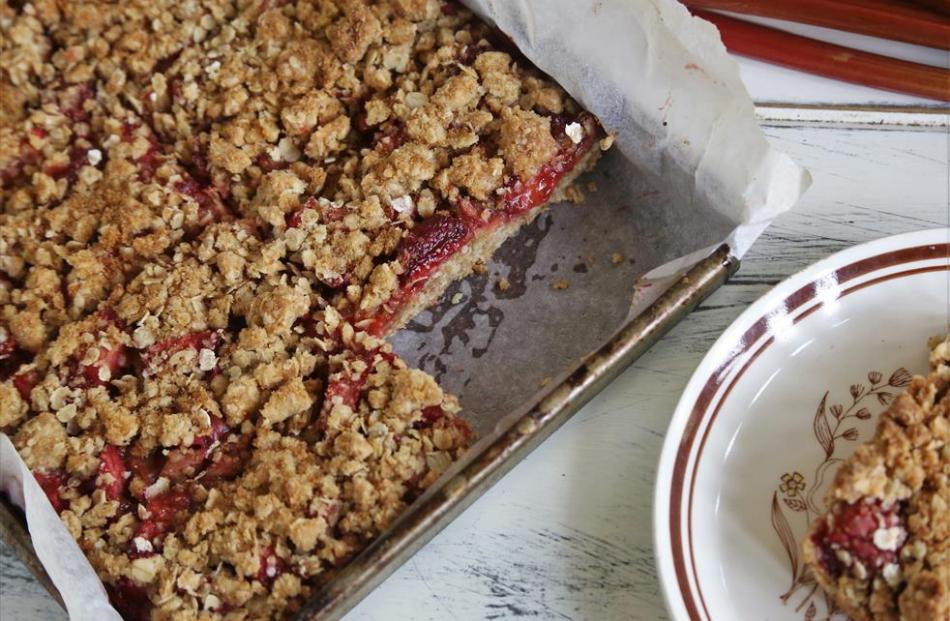 Strawberry rhubarb bars. Photo by Simon Lambert