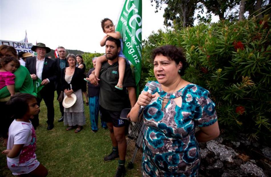 Greens co-leader Metiria Turei addresses deep-sea oil protesters in Waitangi yesterday.