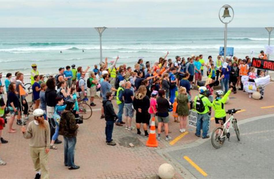 Protesters rally at St Clair Beach. Photos by Gerard O'Brien.
