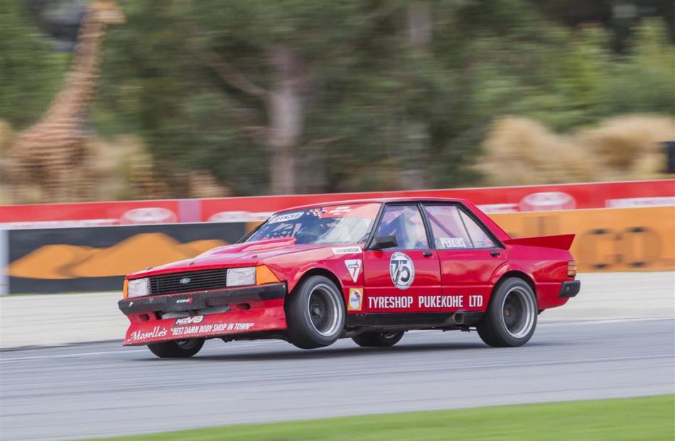 Pukekohe’s Dean Perkins gets lift off in his monstrously-powerful V8 Ford Falcon XD in a Central...