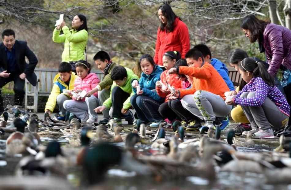 Pupils from Heping Li No 9 School in Beijing, China, feed ducks at the Dunedin Botanic Garden...