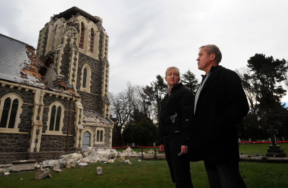 MP for Selwyn Amy Adams and Minister of Agriculture David Carter inspect damage at historic St...