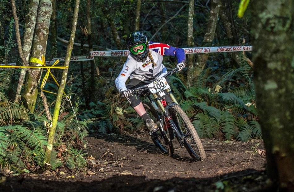 Queenstown’s Alanna Columb on her way to winning the Oceania Mountain Bike Championships downhill...