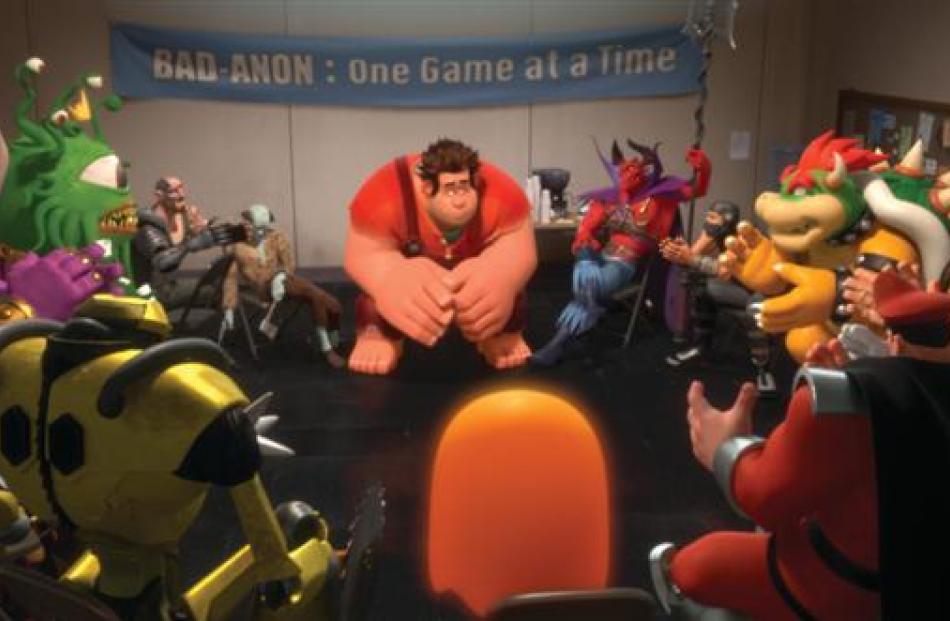 Ralph (voiced by John C. Reilly) and other video game bad guys talk about their lives during a...