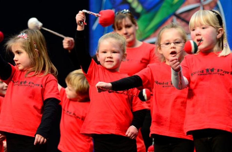 Reid Park Kindergarten 4-year-olds (from left) Keira Hughes, Arden Monaghan, Libby Burgess and...