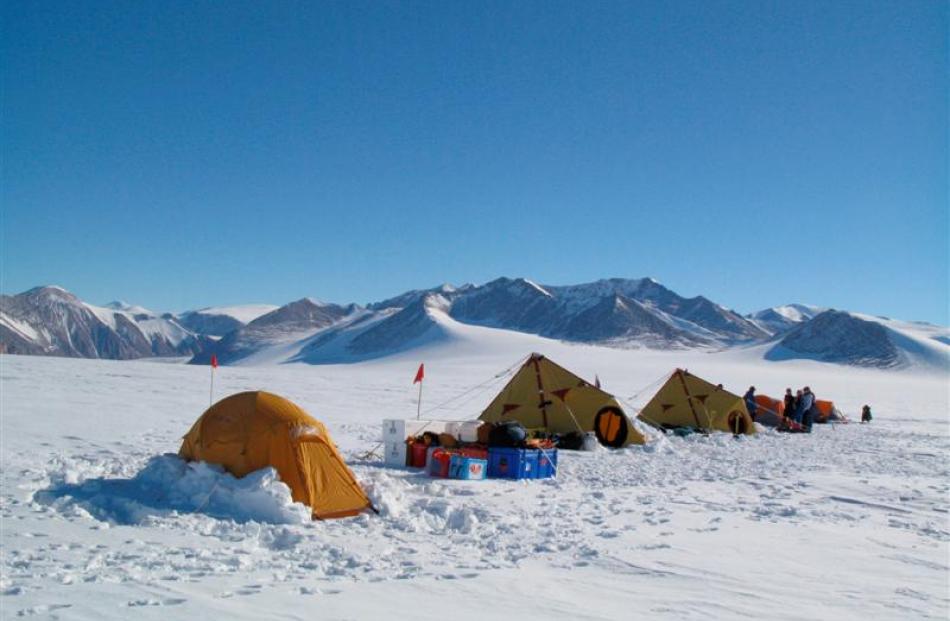 Researchers' tents in the Antarctic during the filming of Thin Ice.