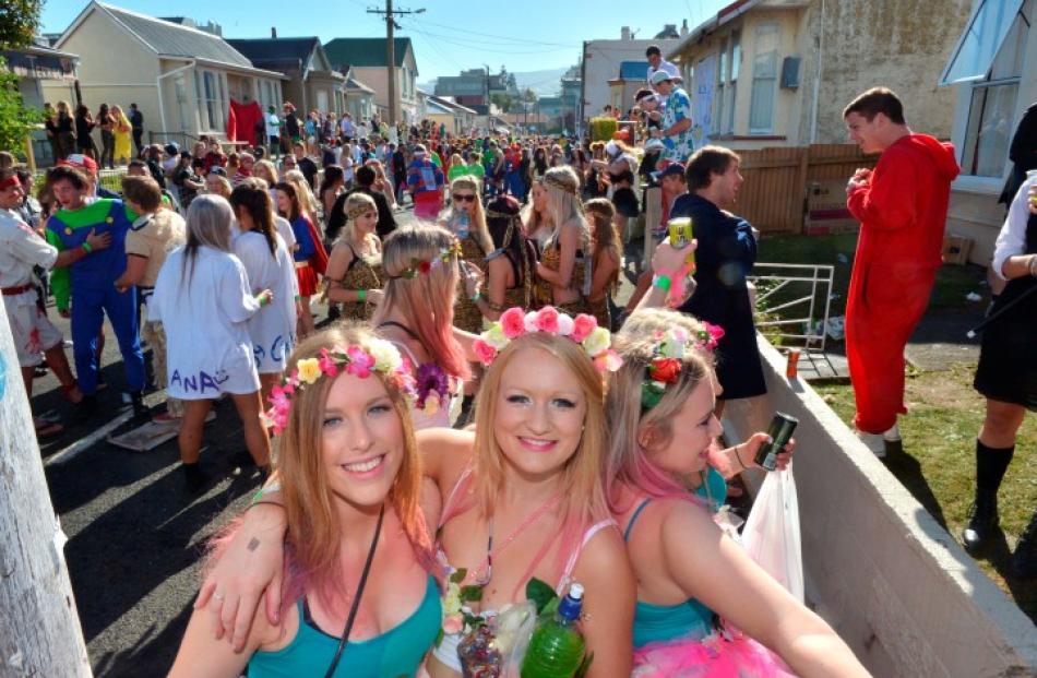 Revellers into the swing of things early at the Hyde St Keg Party in Dunedin today. Photo Gerard...