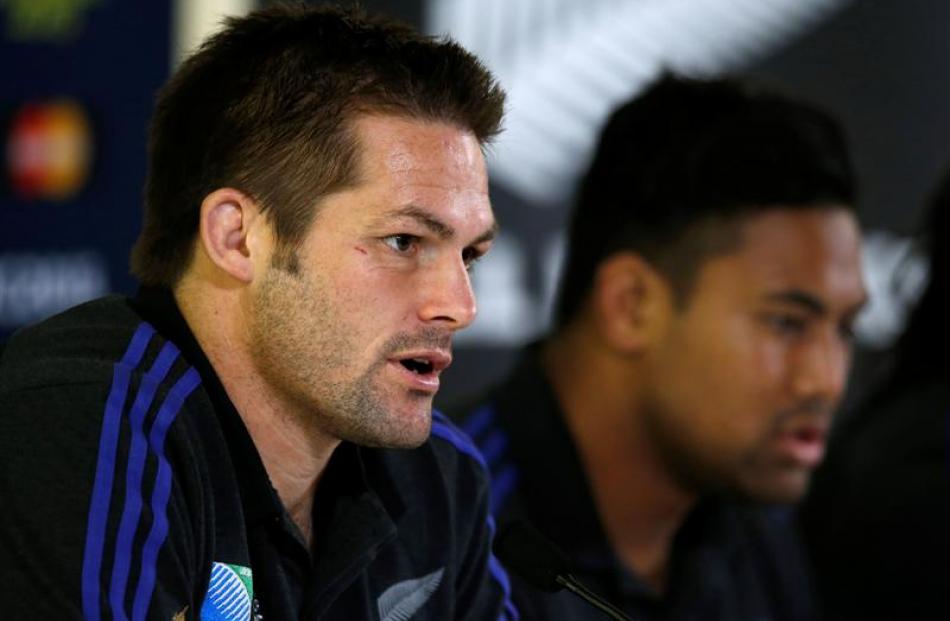 Richie McCaw at a press conference with Julian Savea. Photo: Reuters