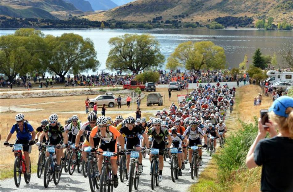 Riders in the Motatapu mountain bike race  start from Glendhu Bay, also in March. Photo by...