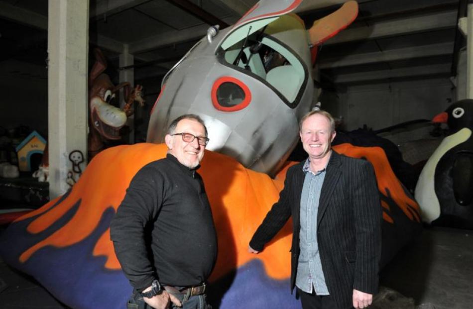 Rocket float builder Peter King (left) and Dunedin Santa Parade Trust chairman Mark Laughton have...