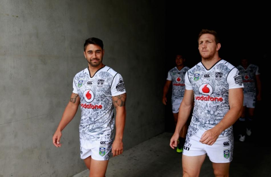 Shaun Johnson and Ryan Hoffman at the Warriors Nines team naming. Photo: Getty Images