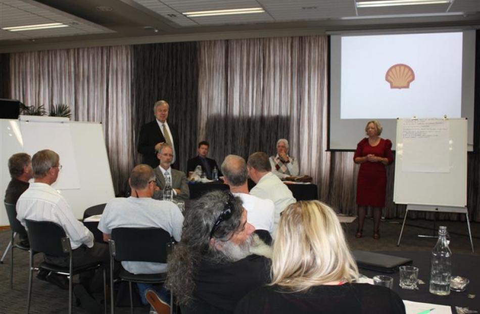 Shell New Zealand exploration venture manager Roland Spuij (standing at left) and corporate...