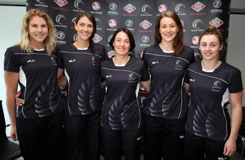 Silver Ferns coach Janine Southby, of Dunedin, is flanked by (from left) Storm Purvis, Anna...