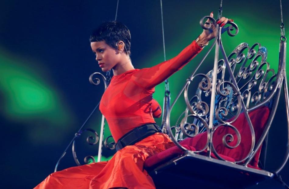 Singer Rihanna performs in the Olympic Stadium during the closing ceremony of the London 2012...